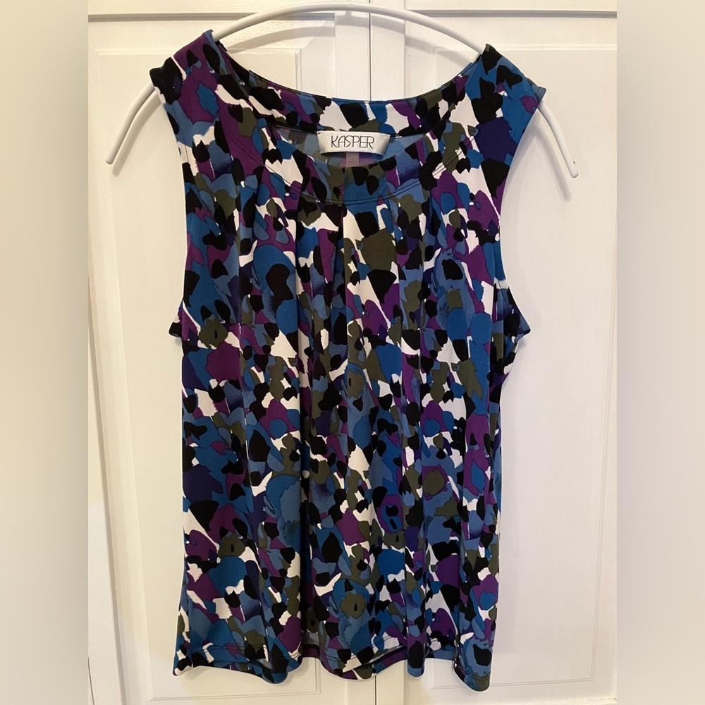 Kasper Sleeveless Blouse with Purple, Blue, Olive, White Abstract Print
